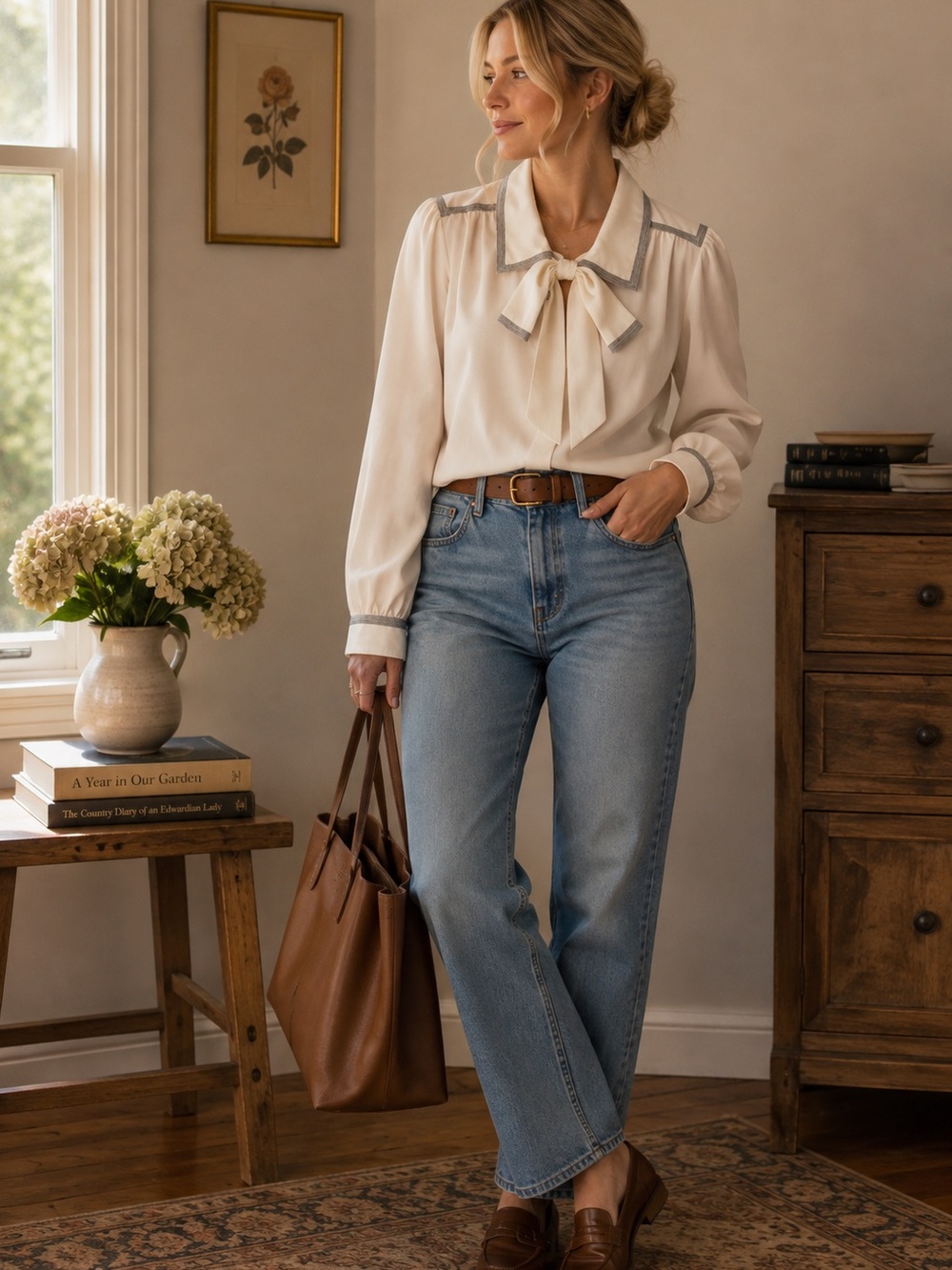 Vintage 90s Cream Bow Collar Blouse with Grey Trim